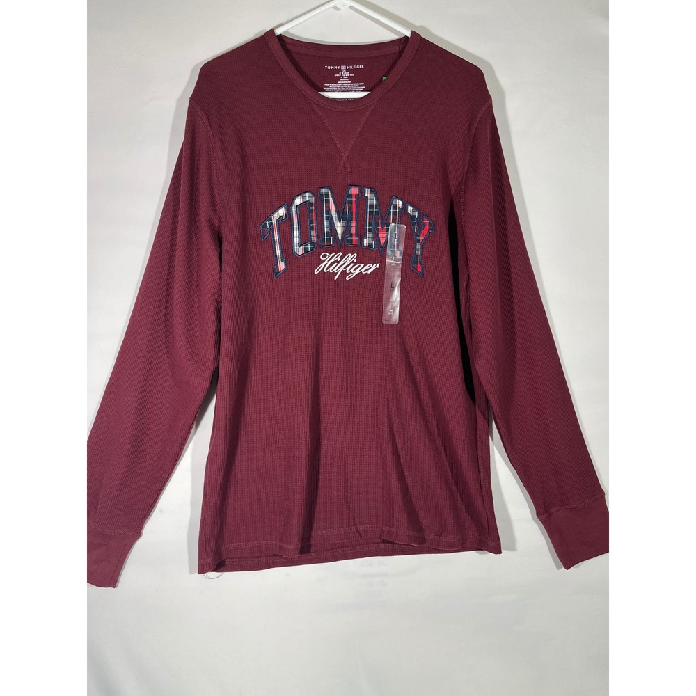 Tommy Hilfiger‎ Waffle Knit Thermal Shirt Men L Burgundy Plaid Embroidered Logo